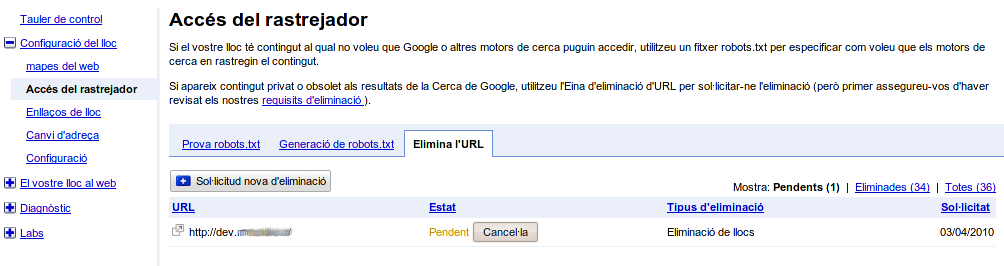 Eliminació d'un lloc del Google