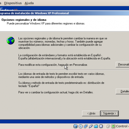 Configuració llengua instal·lació Windows XP